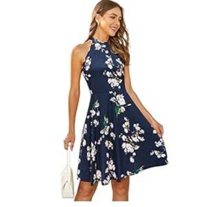 NEW Halter Neck Summer Sleeveless Casual Beach Dress Medium Navy Pink Floral